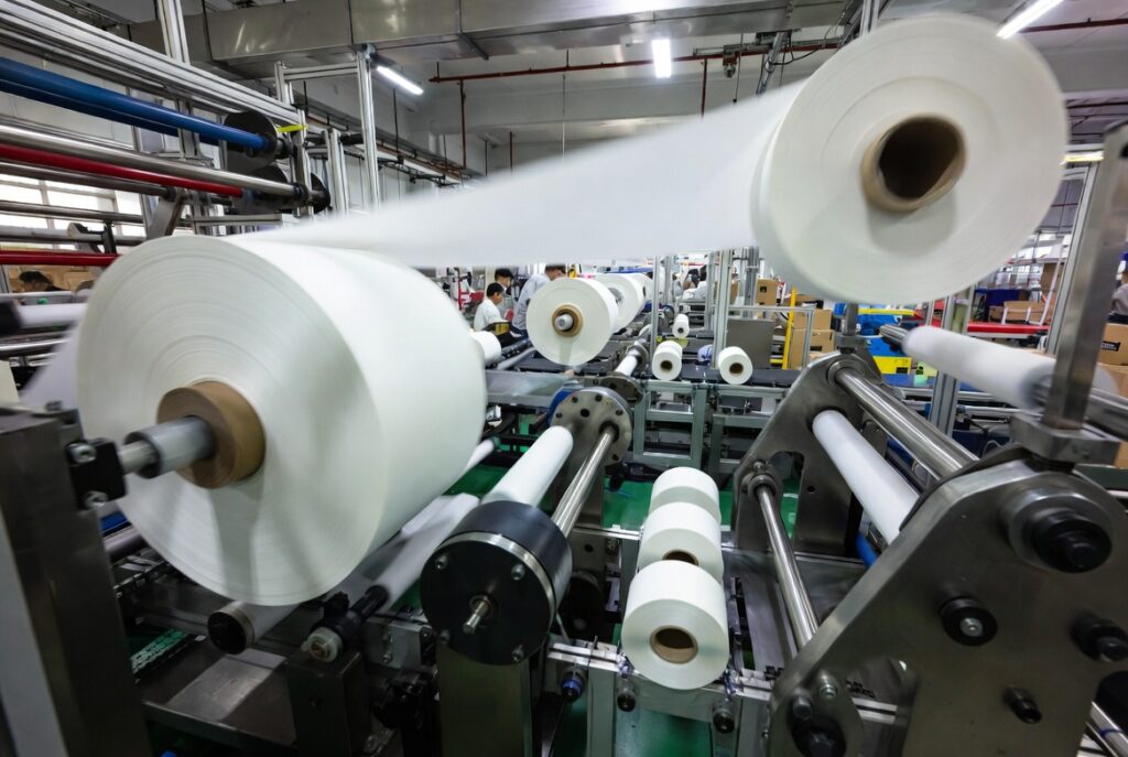 A modern thermal paper manufacturing production line with jumbo rolls being slit into finished receipt paper rolls, industrial factory setting with quality control stations