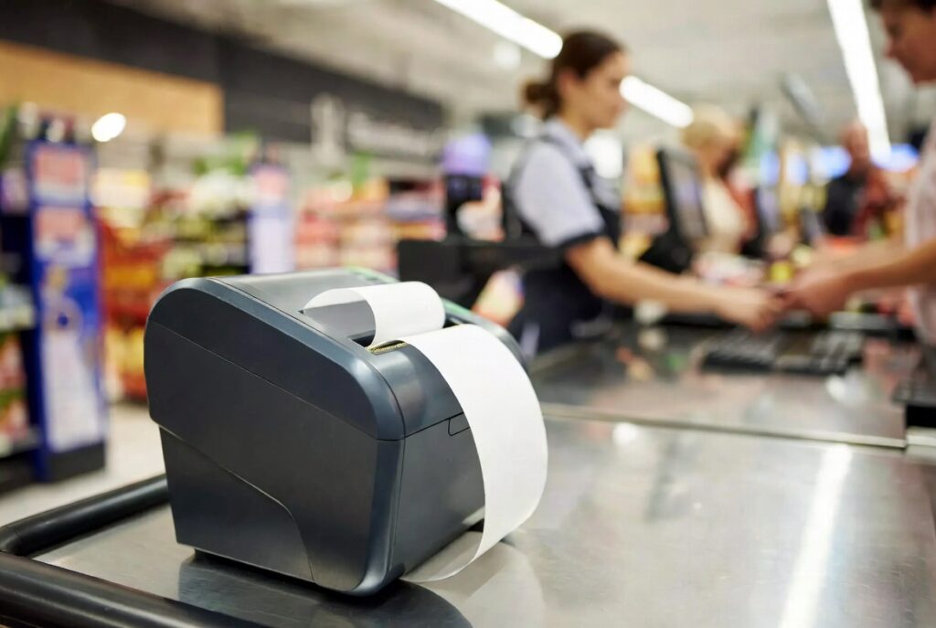 A busy UK retail checkout counter with a thermal POS printer producing a receipt, showing a real-world application scenario of a thermal paper manufacturer's products