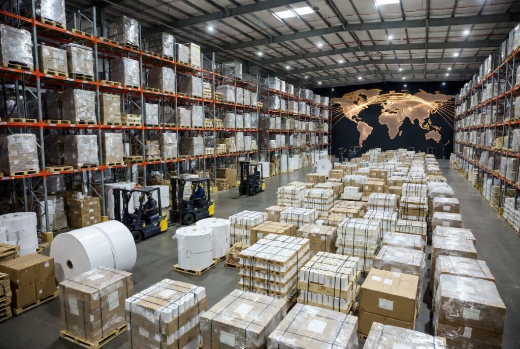 A global thermal paper manufacturer's warehouse stacked with pallets of thermal paper rolls and shipping labels ready for export, with world map and shipping routes in the background