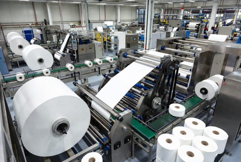 A modern thermal paper manufacturing production line with jumbo rolls being slit into finished receipt paper rolls, industrial factory setting with quality control stations