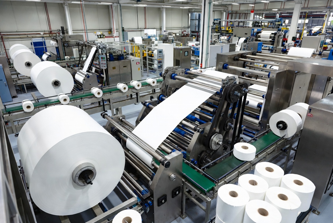 A modern thermal paper manufacturing production line with jumbo rolls being slit into finished receipt paper rolls, industrial factory setting with quality control stations